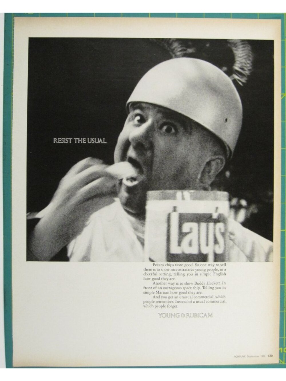 Print Ad Lays Chips Resist The Usual 1969 Vintage Ad Buddy Hackett Helmet AD